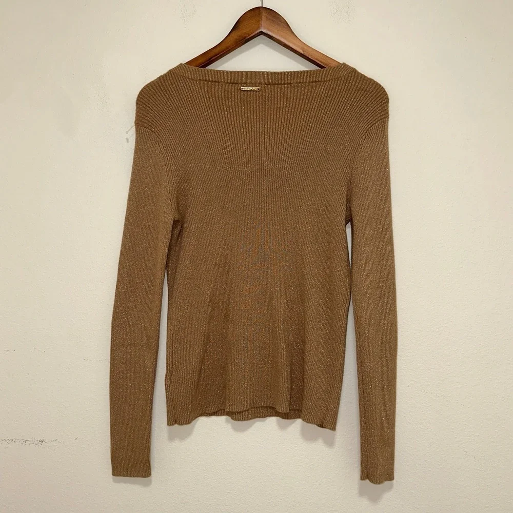 Michael Kors Ribbed Sweater Top Womens Medium Gold Metallic Square Neck‎